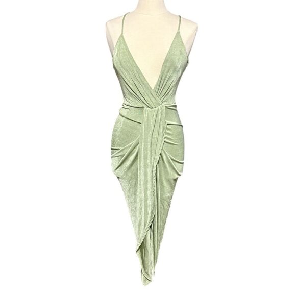 Mable Sage Green Strappy Ruched Midi Dress Small Crisscross Draped Front - Picture 7 of 9